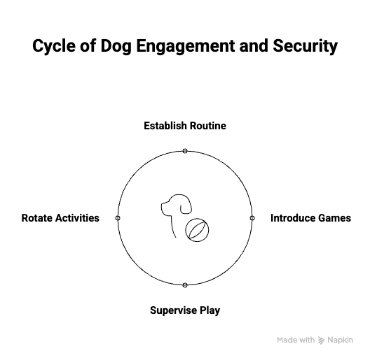Infographic illustrating the cycle of dog engagement through canine mental stimulation, calming games, and interactive dog activities to reduce anxiety and promote well-being.