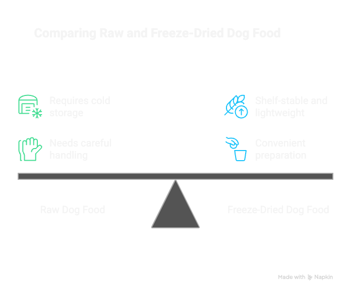 A balanced scale comparing Freeze Dried Dog Food vs Raw, showing the pros and cons of each diet.