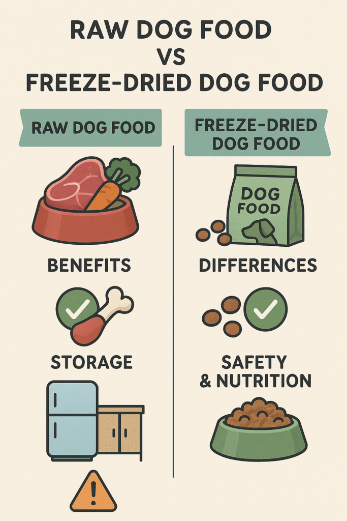 Raw vs. Freeze-Dried Dog Food Comparison – Infographic showing the differences in nutrition, convenience, and popularity trends for modern dog owners.