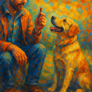 A man patiently teaching his puppy not to bite, using positive training techniques to guide better behavior — a key step in how to train a puppy not to bite.