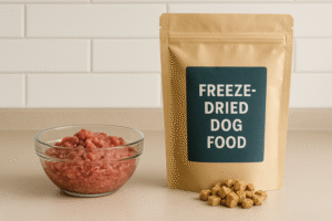 A side-by-side display of raw dog food and freeze-dried dog food representing the shift toward BARF diet for dogs.