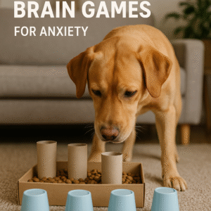 Dog engaged in a DIY dog brain game puzzle to help reduce anxiety and stimulate mental activity
