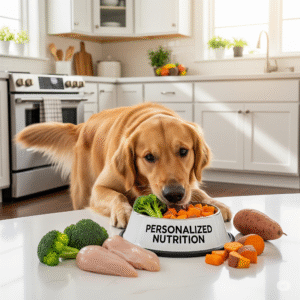 A happy golden retriever eating a custom meal from a bowl labeled "Personalized Nutrition" with fresh ingredients like chicken, broccoli, and sweet potato on a clean kitchen counter, symbolizing Personalized Dog Nutrition.