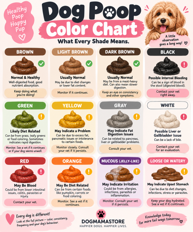 Dog poop color chart infographic showing brown, black, green, yellow, gray, white, red, orange, mucous, and watery stool with meanings and vet advice