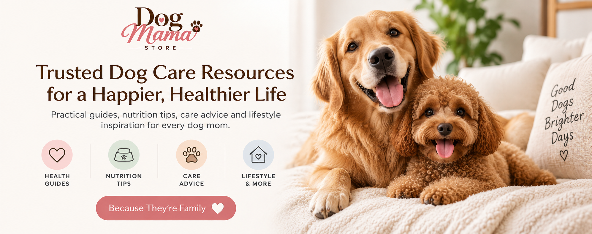 DogMamaStore banner with a woman hugging her cavapoo, reading "Because They're Family" with icons for health guides, nutrition tips, dog care essentials, and lifestyle content