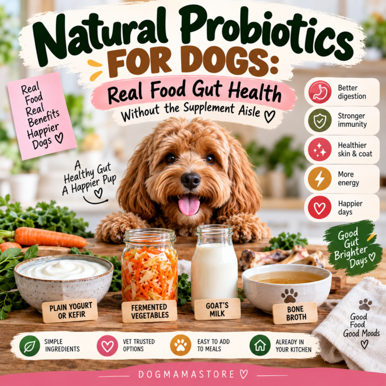 Natural probiotics for dogs infographic showing plain yogurt, fermented vegetables, goat's milk, and bone broth with a curly-haired dog