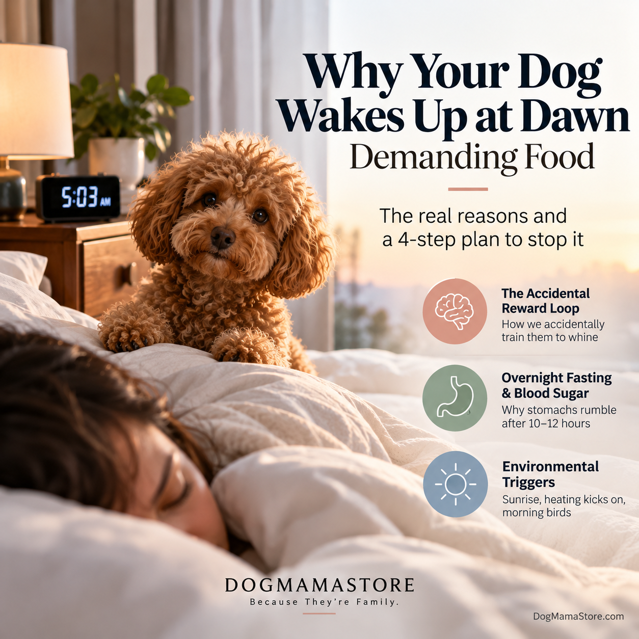 How to Stop Dog Waking Up Early to Eat: Realistic image of a curly-haired dog waking its owner at 5:03 AM, with tips on feeding habits, overnight fasting, and environmental triggers.