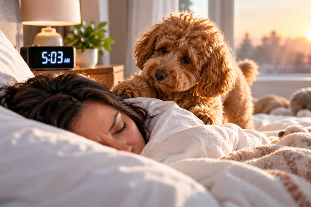 How to Stop Dog Waking Up Early to Eat, showing a dog waking its owner at 5:03 AM in a cozy bedroom.