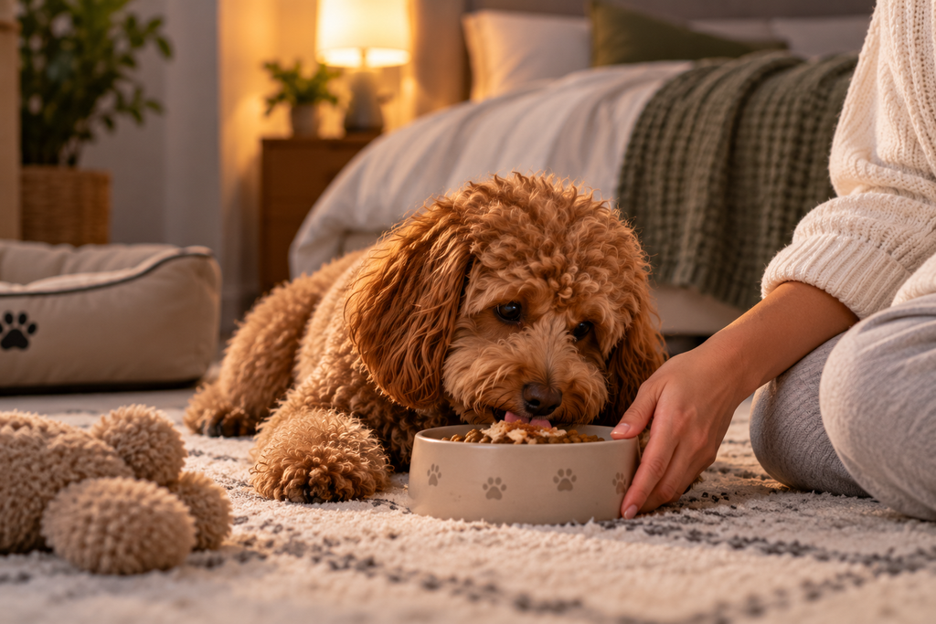 How to Stop Dog Waking Up Early to Eat with a small dog enjoying its bedtime food portion at home.