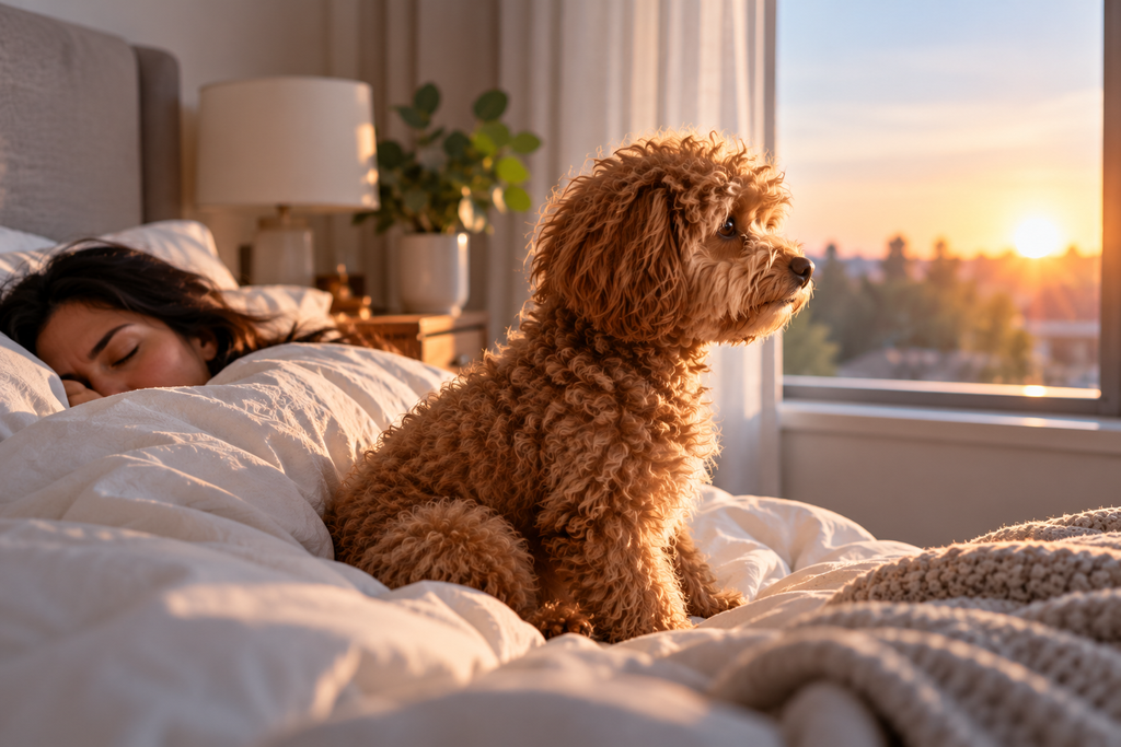 How to Stop Dog Waking Up Early to Eat, showing an alert dog sitting on a bed at sunrise beside its sleeping owner.