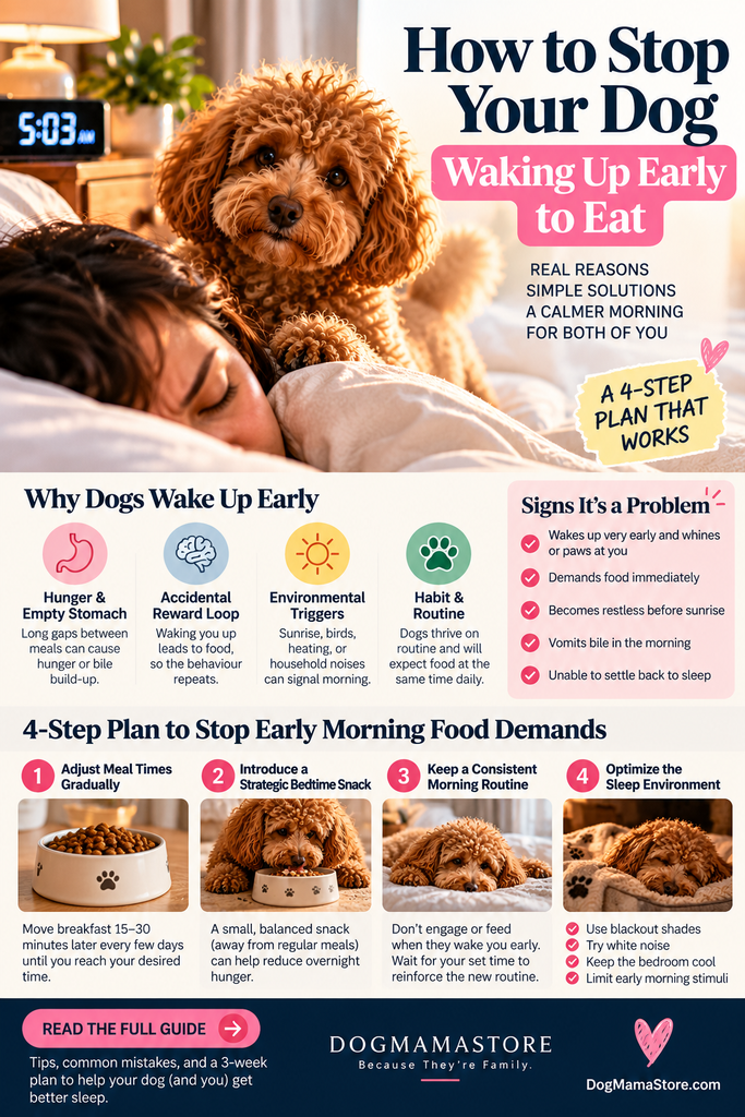 How to Stop Dog Waking Up Early to Eat infographic showing four steps for adjusting meal times, introducing a bedtime snack, maintaining a consistent morning routine, and improving the sleep environment.